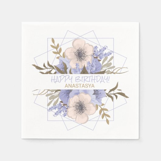 Serviette En Papier Joyeux Anniversaire Violet Pastel Cinq Pétales Ros (Devant)