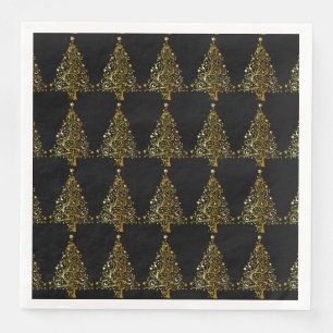 Serviette En Papier Joyeux Arbre de Noël Etoiles Noir Or brillant Chic