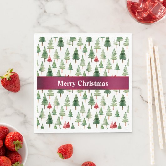 Serviette En Papier Joyeux arbres de Noël rouges verts (En situation)