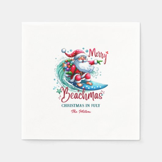 Serviette En Papier Joyeux Beachmas Père Noël Surfing Retro Design (Devant)