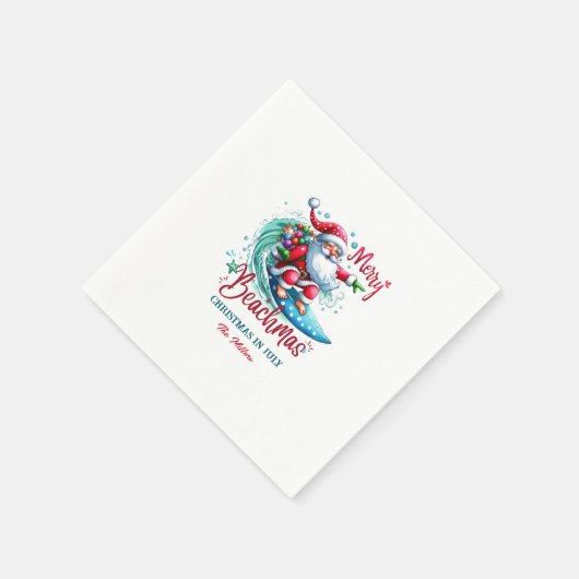 Serviette En Papier Joyeux Beachmas Père Noël Surfing Retro Design (Coin)