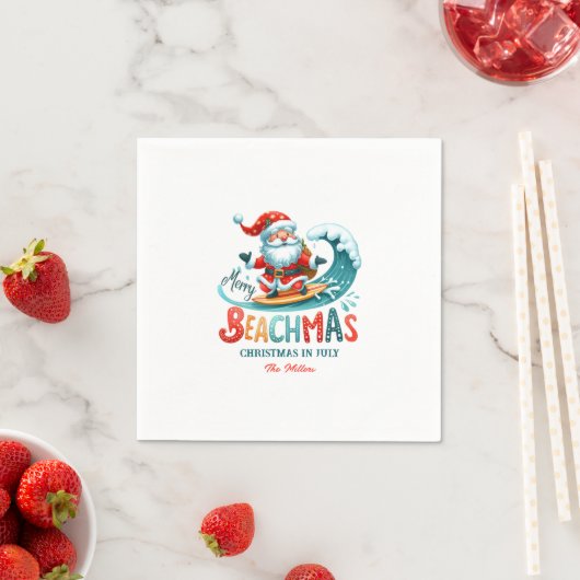 Serviette En Papier Joyeux Beachmas Père Noël Surfing Retro Design (En situation)