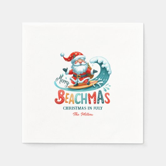 Serviette En Papier Joyeux Beachmas Père Noël Surfing Retro Design (Devant)