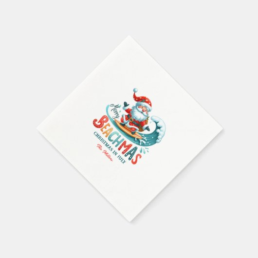 Serviette En Papier Joyeux Beachmas Père Noël Surfing Retro Design (Coin)