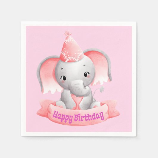 Serviette En Papier Joyeux bébé rose éléphant anniversaire (Devant)