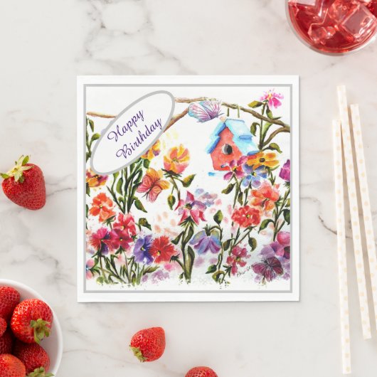 Serviette En Papier Joyeux Birthday Bird House (En situation)