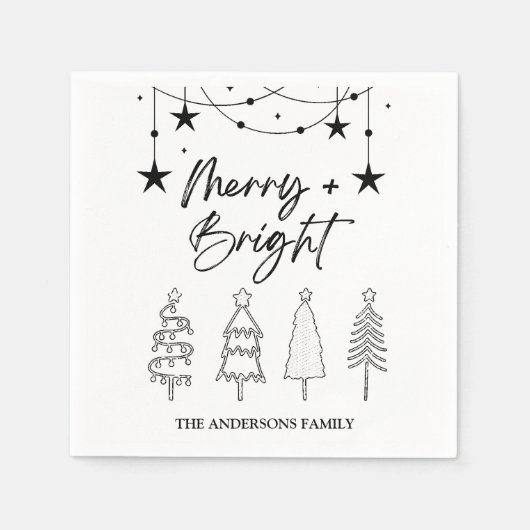 Serviette En Papier Joyeux Bright Élégant Script Pine Arbres Noël (Devant)