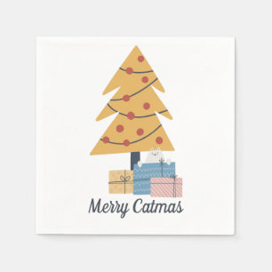 Serviette En Papier Joyeux Catmas blanc chat cadeaux de Noël