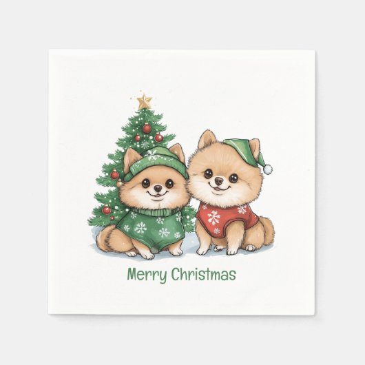 Serviette En Papier Joyeux Chiens Poméraniens de Noël (Devant)