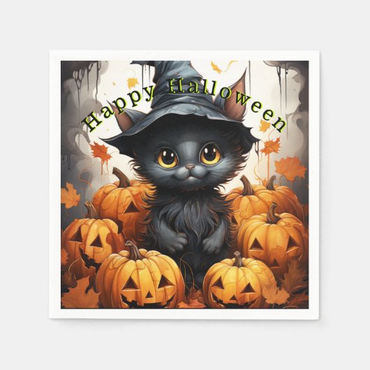 Serviette En Papier Joyeux Citrouilles de Chat Noir Halloween (Devant)