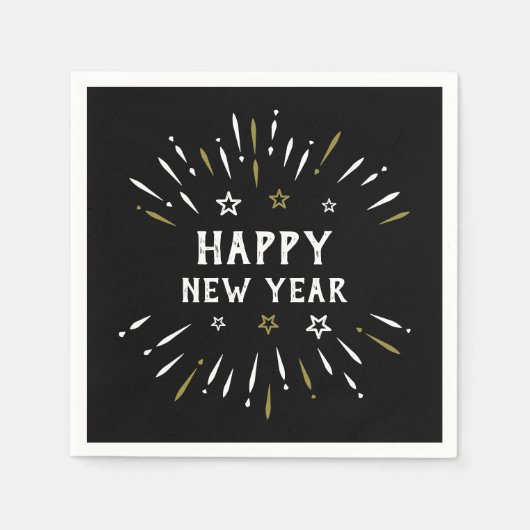 Serviette En Papier Joyeux feu d'artifice Black White Gold Stars (Devant)