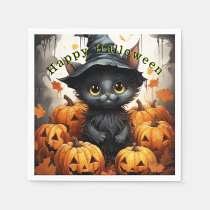 Serviette En Papier Joyeux Halloween Chat Noir Citrouilles