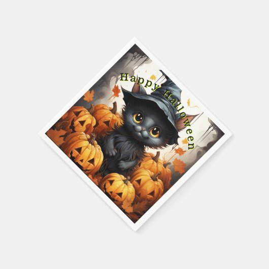 Serviette En Papier Joyeux Halloween Chat Noir Citrouilles (Coin)