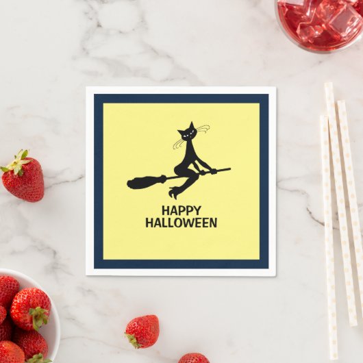 Serviette En Papier Joyeux Halloween, Chat Sur Broomstick (En situation)