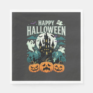 Serviette En Papier Joyeux Halloween Château Hanté Fantômes et Citroui