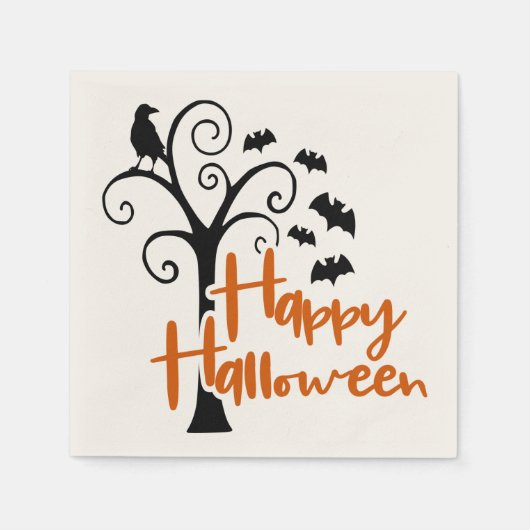 Serviette En Papier Joyeux Halloween Orange Black Dead Tree Bats Raven (Devant)