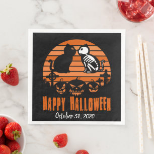 Serviette En Papier Joyeux Halloween Skeleton Chat Retro Sunset