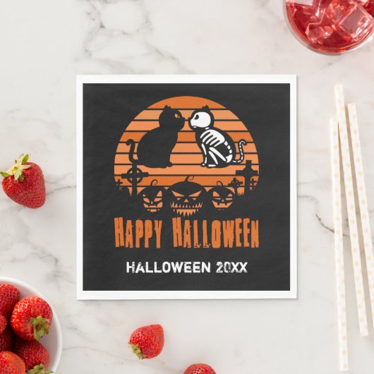 Serviette En Papier Joyeux Halloween Skeleton Chat Retro Sunset (En situation)