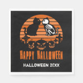 Serviette En Papier Joyeux Halloween Skeleton Chat Retro Sunset (Devant)