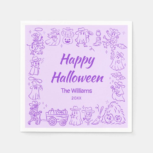 Serviette En Papier Joyeux Halloween violet Quirky Doodles Tiré Main (Devant)