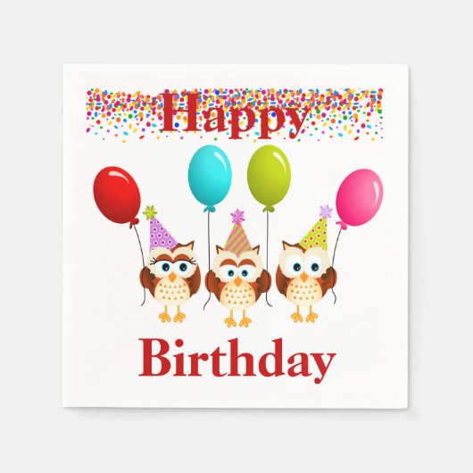 Serviette En Papier Joyeux hibou d'anniversaire et ballons (Devant)