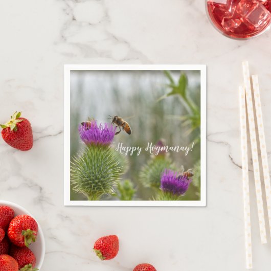 Serviette En Papier Joyeux Hogmanay Party Scottish Thistle Honey Bees (En situation)