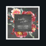 Serviette En Papier Joyeux Jour après Red Flower Bouquet Chalkboard<br><div class="desc">Au-dessus d'un arrière - plan en damier texturé, j'ai ajouté de magnifiques fleurs d'aquarelle en rouge roux et bordeaux profond avec une verdure artistique. Le centre était couvert d'un carré en damier bordé qui fait un cadre parfait pour vos détails personnels ; les espaces réservés modèles ont été configurés pour...</div>