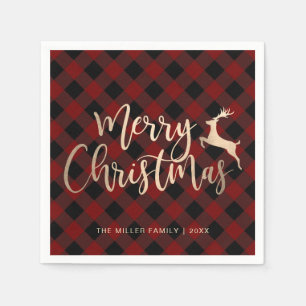 Serviette En Papier Joyeux Joyeux Noël Or Noir & Rouge Plaid