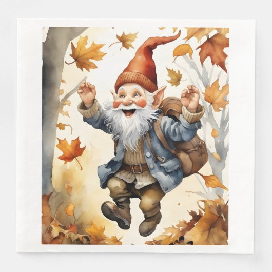 Serviette En Papier Joyeux Jumping Gnome dans les feuilles d'automne (Devant)