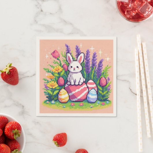 Serviette En Papier Joyeux lapin de Pâques 8 bits art pixel (En situation)