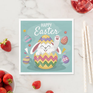 Serviette En Papier Joyeux lapin de Pâques et oeufs colorés