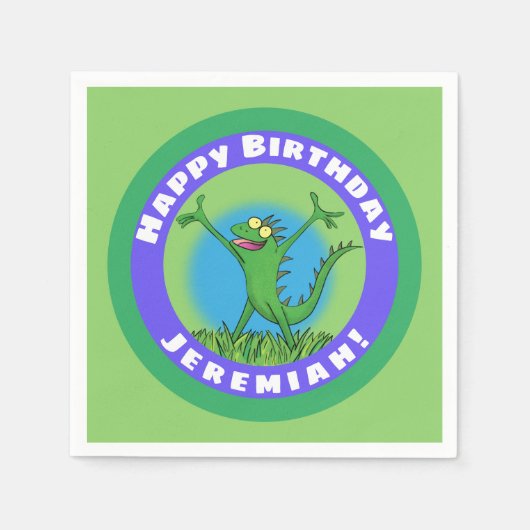 Serviette En Papier Joyeux lézard d'iguane animé et souriant vert (Devant)