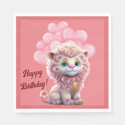 Serviette En Papier Joyeux Lion rose Anniversaire (Devant)