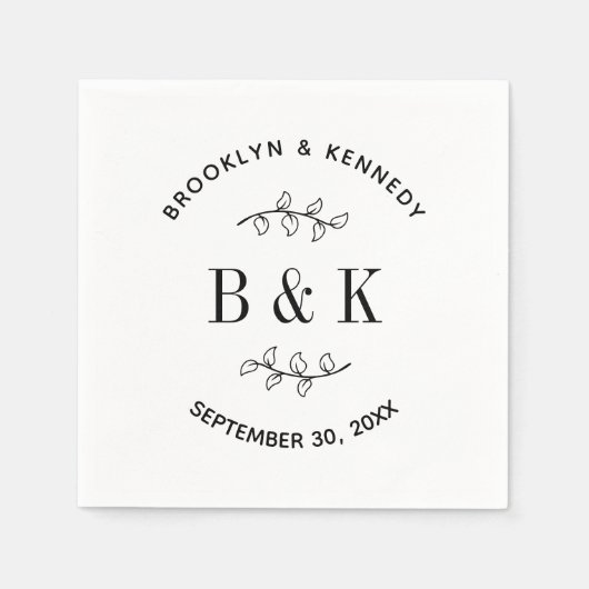 Serviette En Papier Joyeux Monogramme Floral Botanique Nom des Mariés (Devant)