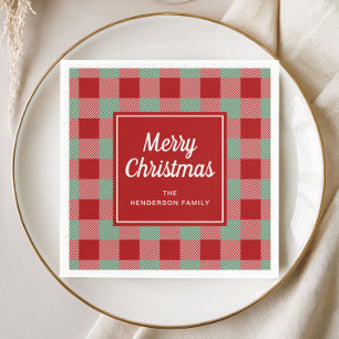 Serviette En Papier Joyeux Noël à carreaux rouge rustique
