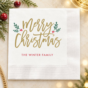 Serviette En Papier Joyeux Noël Antique Or Script Nom de Famille