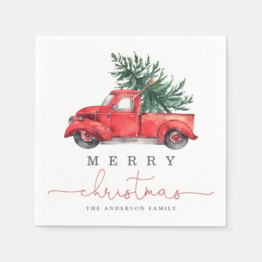 Serviette En Papier Joyeux Noël / Aquarelle Camion rouge & Pine Tree (Devant)