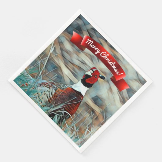 Serviette En Papier Joyeux Noël Aquarelle Col Ring Pheasant (Coin)