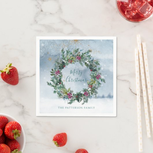 Serviette En Papier Joyeux Noël Aquarelle Holly Parties scintillant St (En situation)