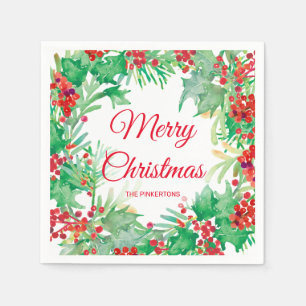 Serviette En Papier Joyeux Noël Aquarelle Holly Wreath Holiday