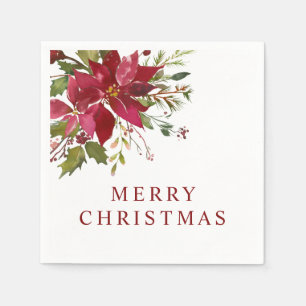 Serviette En Papier Joyeux Noël Aquarelle Rouge Poinsettias