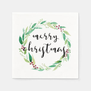 Serviette En Papier Joyeux Noël Aquarelle Wreath Élégant Chic