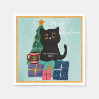 Serviette En Papier Joyeux Noël Arbre de Noël Chat Noir Or Noël