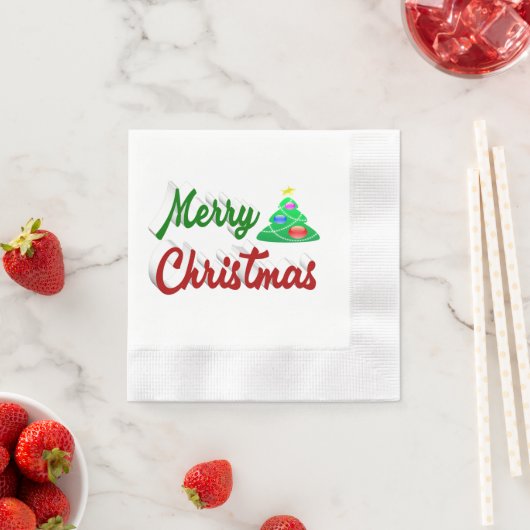 Serviette En Papier Joyeux Noël Arbre rouge vert script (En situation)