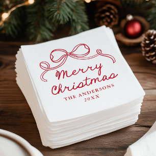 Serviette En Papier Joyeux Noël Arc Rouge Dessiné à la Main de Manière