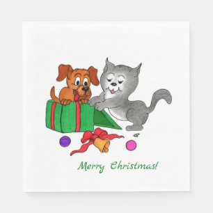 Serviette En Papier Joyeux Noël avec chat et chien