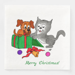 Serviette En Papier Joyeux Noël avec chat et chien
