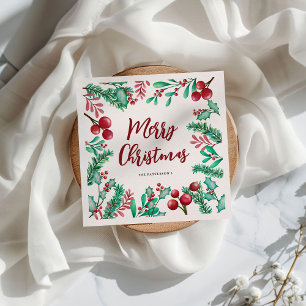 Serviette En Papier Joyeux Noël avec houx et baies à l'aquarelle