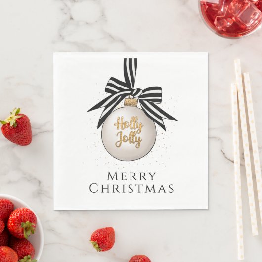 Serviette En Papier Joyeux Noël Bauble blanc noir (En situation)