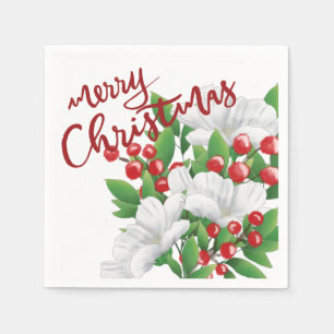 Serviette En Papier Joyeux Noël Blanc Rouge Vert Aquarelle Floral